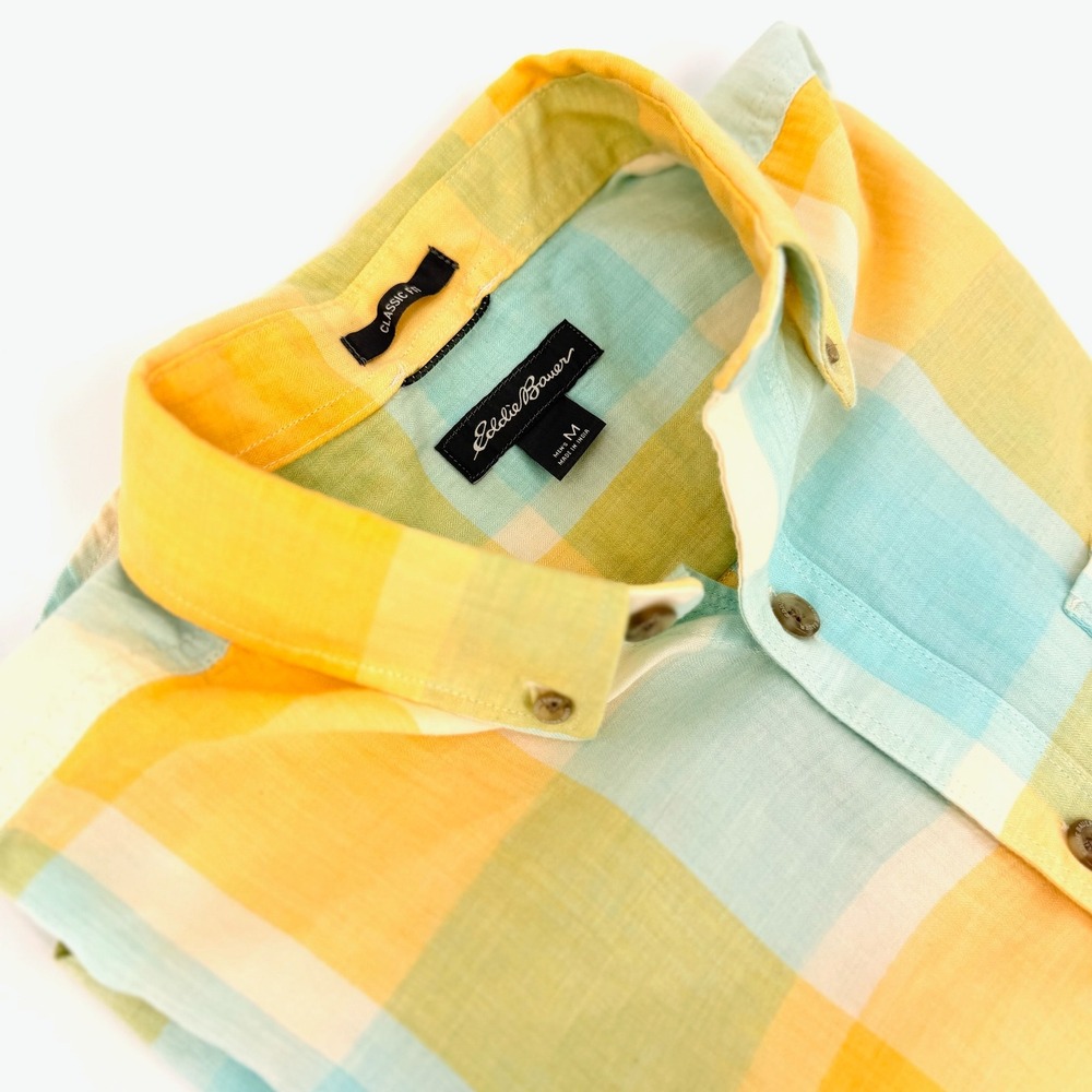 Eddie Bauer Plaid Button Down Mens Medium Yellow Teal Excellent Short Sleeve